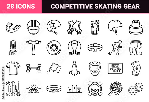 Roller Derby Equipment and Competitive Skating Gear Monoline Graphics for Sports Branding and Technical Apparel Design