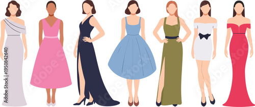 Collection of women in elegant evening gowns for formal events and parties