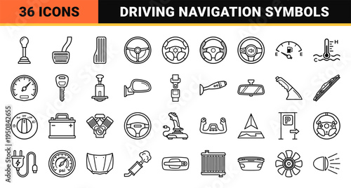 Automotive Interface Design and Vehicle Control Monoline Symbols for Transportation Software and Driver Assistance User Experience Apps.