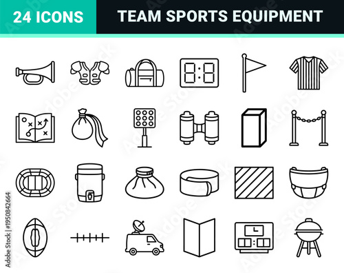 American football and gridiron sports equipment symbols featuring uniform monoline aesthetics for professional athletic branding and coaching.