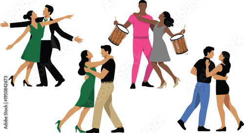 Collection of couples dancing various styles, men and women enjoying rhythm and movement