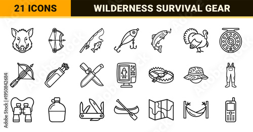 Wilderness Adventure and Outdoor Recreation Technical Monoline Symbolism for Hunting Fishing and Camping Equipment