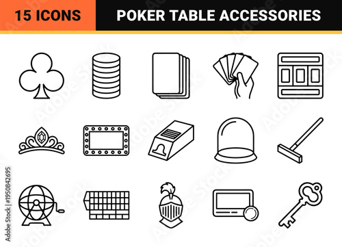 Casino Gaming and Card Game Monoline Outline Icons for Professional Poker Tournaments and Luxury Gambling Interface Design