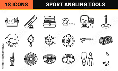Monoline fishing tackle and angling gear outline symbols for technical documentation and sports retail commercial design projects.