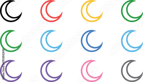 Collection of various colored crescent moon icons with outlines, celestial symbols on white background