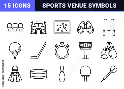 Professional Athletic Arena and Stadium Infrastructure Monoline Symbols featuring Technical Line Art for Sports Management and Event Planning.