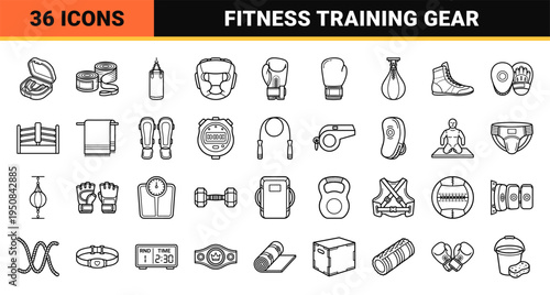 Boxing and combat sports training equipment minimalist monoline outline symbols for professional gym branding and digital fitness UI design.