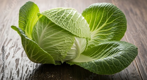 A fresh head of green cabbage with large textured leaves resting on a dark wooden surface