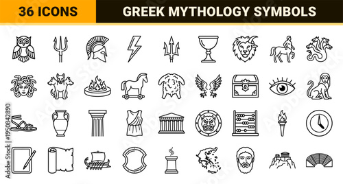 Ancient Greek Mythology and Hellenic Culture Symbols for Historical Educational Materials in Minimalist 1.25pt Thin Line Art Style