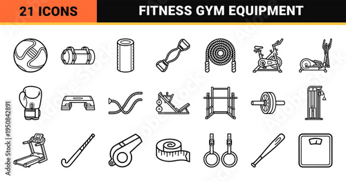 Minimalist fitness and athletic training outline icons featuring exercise equipment and sports gear symbols for wellness apps and gym signage.
