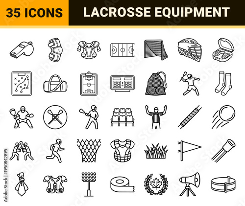 Lacrosse Equipment and Field Sports Gameplay Technical Monoline Outline Symbols for Athletic Tournament Branding and Team Coaching Materials.