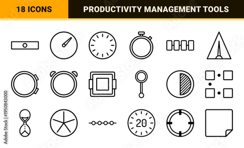 Precision time management and productivity monoline outline symbols featuring minimalist stopwatches, timers, and scheduling dashboard elements.