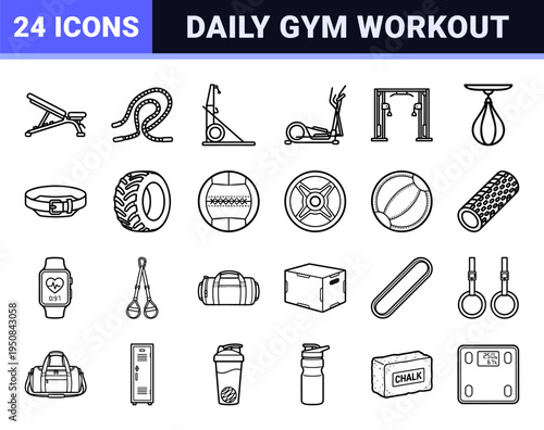 Technical Monoline Fitness and Gym Equipment Outline Icons for Professional Wellness Applications and Digital Training User Interfaces