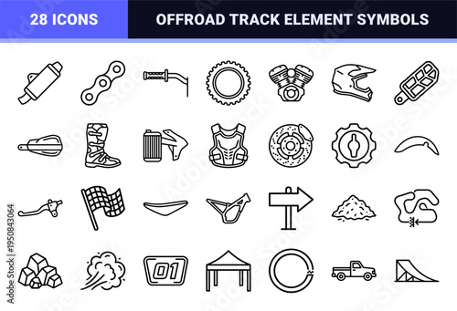 Motocross and Off-Road Racing Monoline Outline Symbols for Technical Diagrams and Wayfinding featuring Minimalist 1.25pt Stroke Weight
