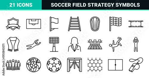 Minimalist soccer athletics monoline symbols for professional coaching apps and tournament branding. Geometric football equipment line art.