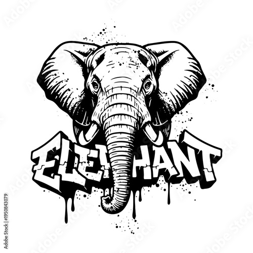 Majestic elephant head with graffiti text and ink splatter urban street art