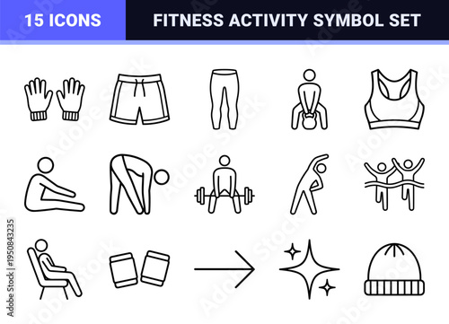 Minimalist Monoline Athletic Apparel and Fitness Activity Symbols featuring uniform 1.25pt black outlines for clean commercial interface usage.