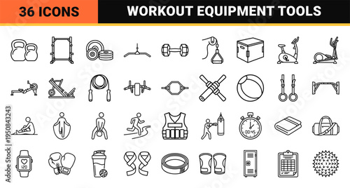 Fitness gym equipment line icons featuring workout machines strength training tools and cardio gear in a technical monoline outline aesthetic.