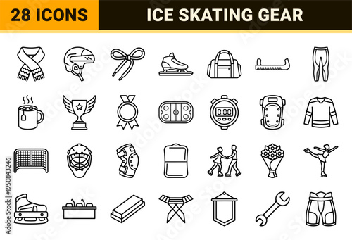 Ice Skating and Winter Sports Equipment Technical Monoline Outline Symbols for Athletic Training and Competition Visual Assets