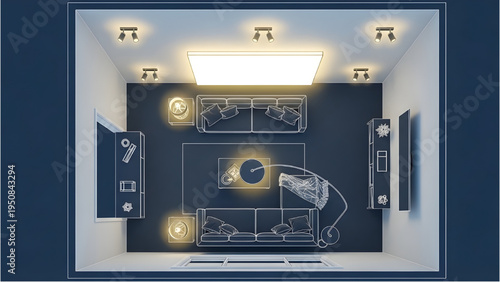 Modern Living Room Lighting Plan, Top View 3D Interior Blueprint, AutoCAD Layout, Isolated on White Background