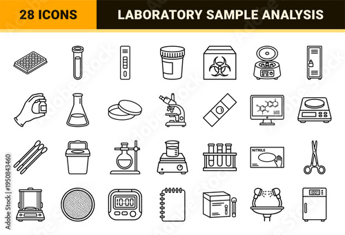 Medical Doping Control and Laboratory Diagnostic Line Symbols featuring technical monoline aesthetics for healthcare and scientific research.