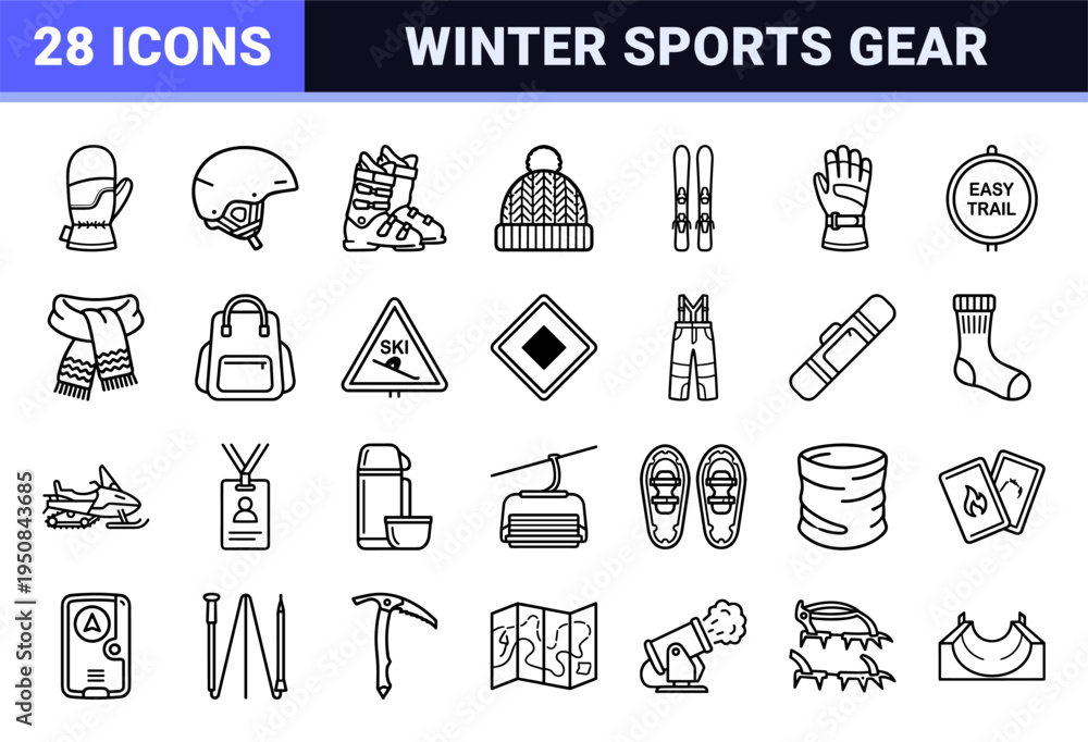Fototapeta premium Winter sports and alpine skiing equipment outline symbols featuring a minimalist black and white technical monoline aesthetic.