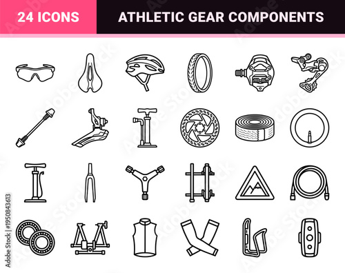 Pro Cycling Gear and Road Bike Components Technical Monoline Outline Symbol Set for Professional Athletics and Competitive Racing Equipment