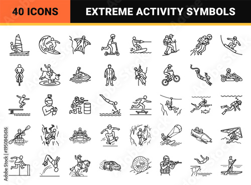 Extreme Sports Adventure Activity Mascot Line Art Symbols featuring Chibi Style Characters for Commercial Branding and Graphic Design Projects.