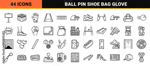 Hand Drawn Bowling Alley Equipment and League Competition Symbols in Blue Ink Sketch Style Monoline Vector Graphic Set for Sports Enthusiasts