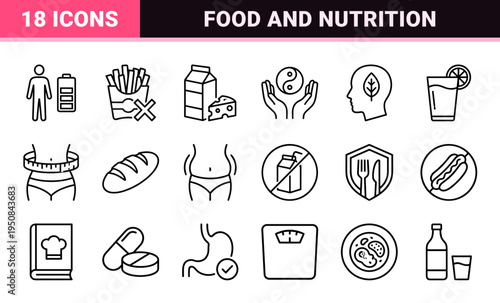 Minimalist monoline outline symbols for nutrition diet health fitness and balanced lifestyle applications.