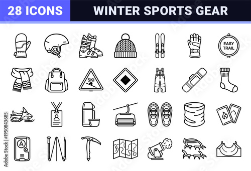 Winter sports and alpine skiing equipment outline symbols featuring a minimalist black and white technical monoline aesthetic.