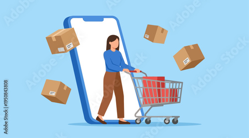 Woman pushing shopping cart with packages flying out of large smartphone screen