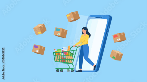 Woman uses smartphone to shop online with floating packages and cart