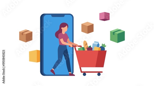 Woman shopping online with mobile phone and cart full of boxes and goods