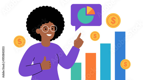 A woman presents a colorful financial graph with coins and a pie chart.