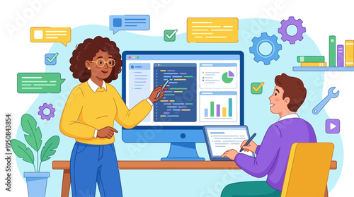 Two colleagues discuss coding on a computer screen in an office setting