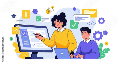 Two people discussing a checklist on a computer screen with laptop