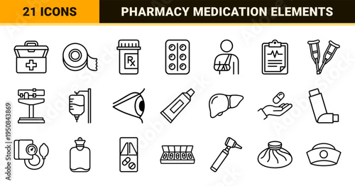 Healthcare and pharmacy medication outline symbols in sleek technical monoline style for clinical user interfaces.
