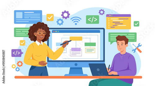 Two people collaborating on a project with a computer screen and software interface