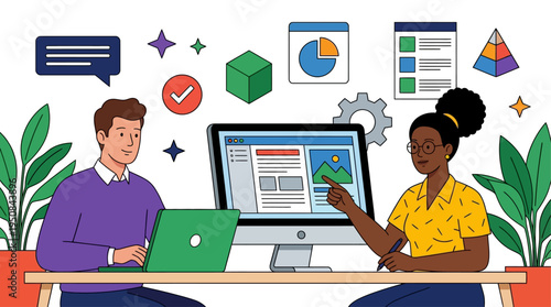 Two coworkers collaborate on a project with laptops and computer at office desk