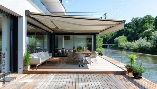 Modern wooden deck with outdoor furniture under an awning beside a calm river