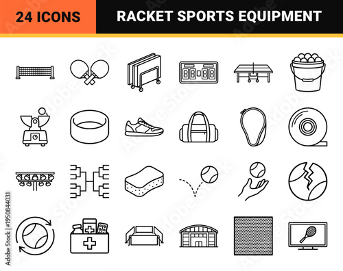 Table tennis and racket sports equipment neo-line art symbols focusing on athletic utility and sleek minimalist monoline design aesthetic