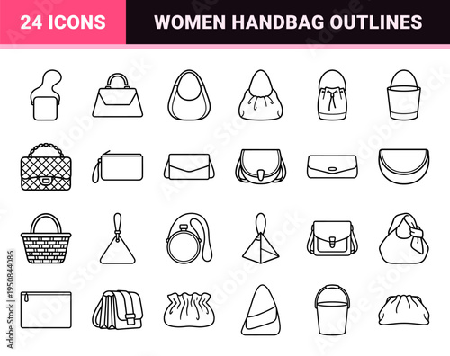 Minimalist women fashion handbag and purse outline collection for e-commerce and retail design featuring sleek technical monoline aesthetics