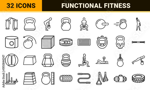 Kettlebell and functional fitness training outline symbols in a sleek neo-line technical monoline aesthetic for gym workout applications.