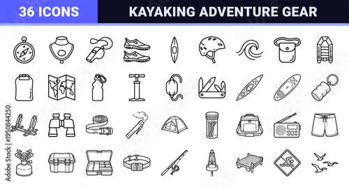 Water sports and kayaking equipment neo-line art outline symbols with sleek monoline aesthetic for outdoor adventure and recreation.