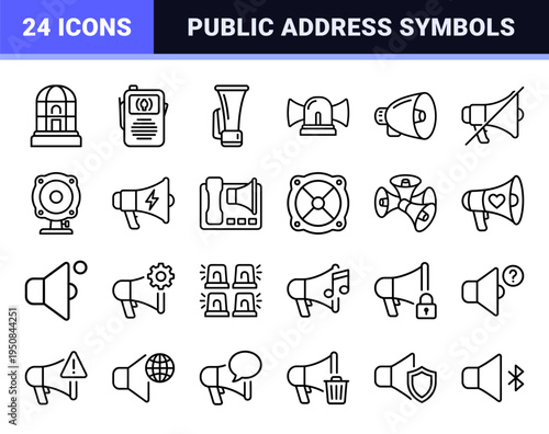 Monoline Megaphone and Public Address System Symbol Set for Acoustic Communication and Notification UI Design