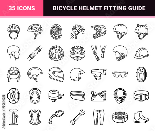 Minimalist Monoline Cycling Safety Gear and Protective Helmet Outline Symbols for Sports Transport Interface Design