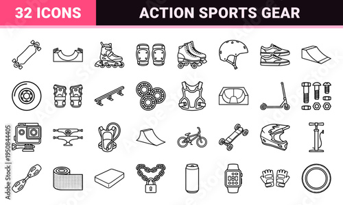 Urban action sports and skating equipment in sleek minimalist neo-line art style for athletic lifestyle interfaces and recreation apps.