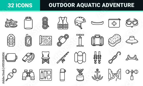 Minimalist monoline kayaking and outdoor water recreation elements featuring sleek black outline geometry for adventure sports design.