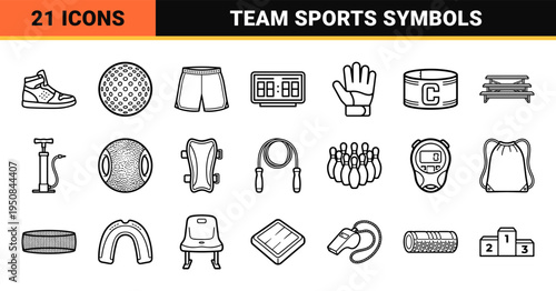 Athletic Team Apparel and Competitive Sports Equipment Monoline Symbols. Technical Line Art for Fitness Apps and Tournament Branding.